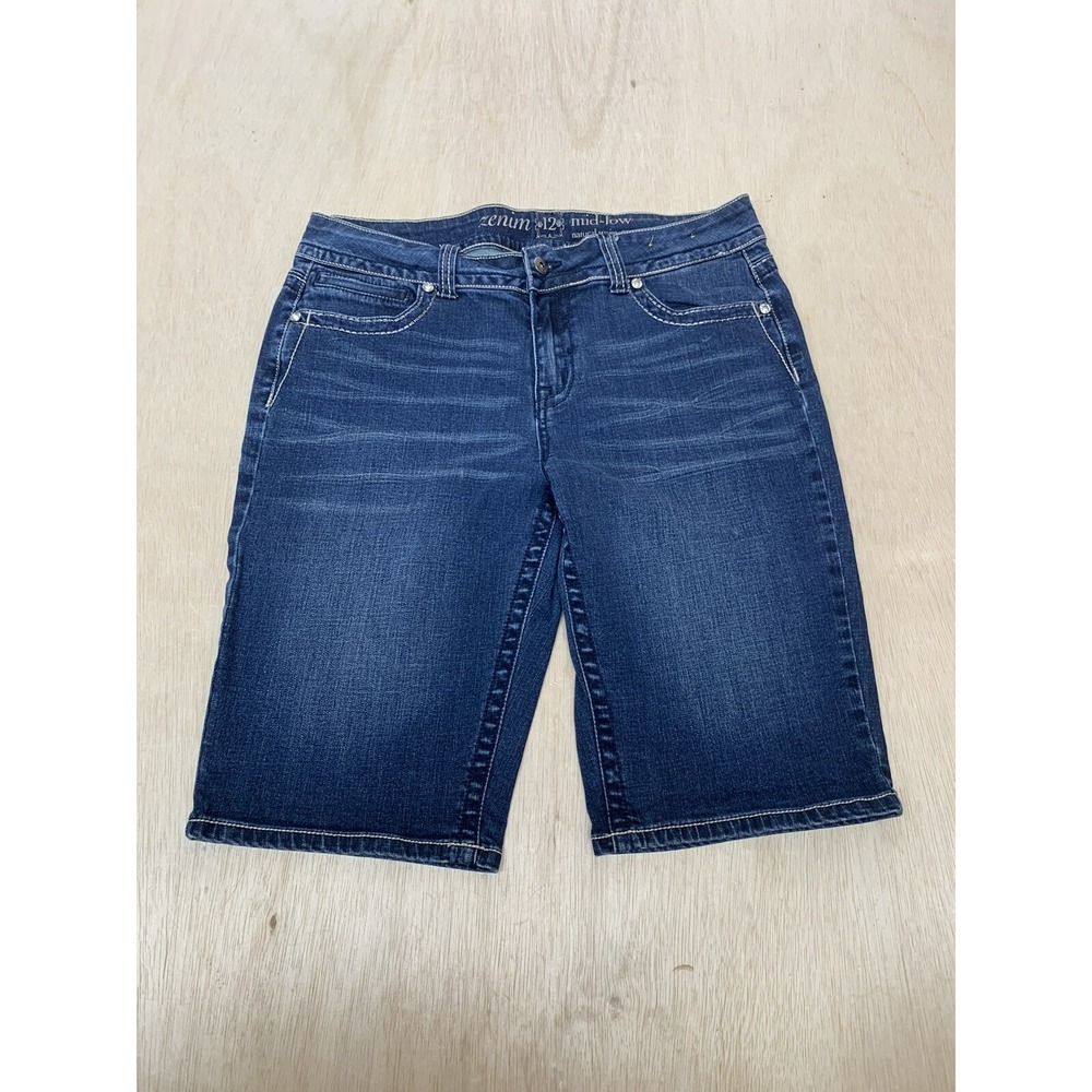 Zenim Jean Shorts Womens 12 Blue Denim Mid Rise Thick‎ Stitch Bling Rinestone